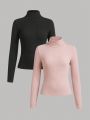 SHEIN Teen Girls' Knitted Solid Color Slim Fit Turtleneck Casual Long Sleeve T-Shirt, 2pcs/Set