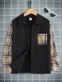 SHEIN Tween Boys' Plaid Patchwork Long Sleeve Shirt