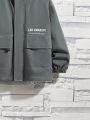 SHEIN Kids SPRTY Boys' Loose Fit Letter Printed Hooded Fleece Lined Woven Jacket For Sporty Look
