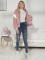 Teen Girl Contrast Panel Drop Shoulder Teddy Bomber Jacket